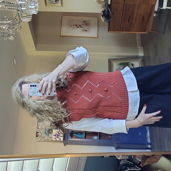 Vintage Sweaters - Tres-elle Pullover Knit Sweater Vest Rust Orange V Neck Effortless Look Size L